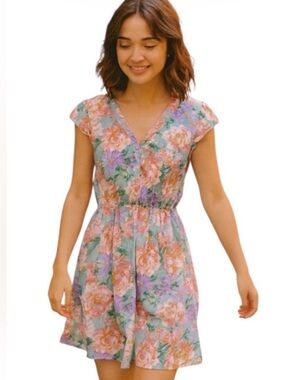 Anthropologie Everly Pastel Floral Mini Summer Dress Short Sleeve Buttons Medium